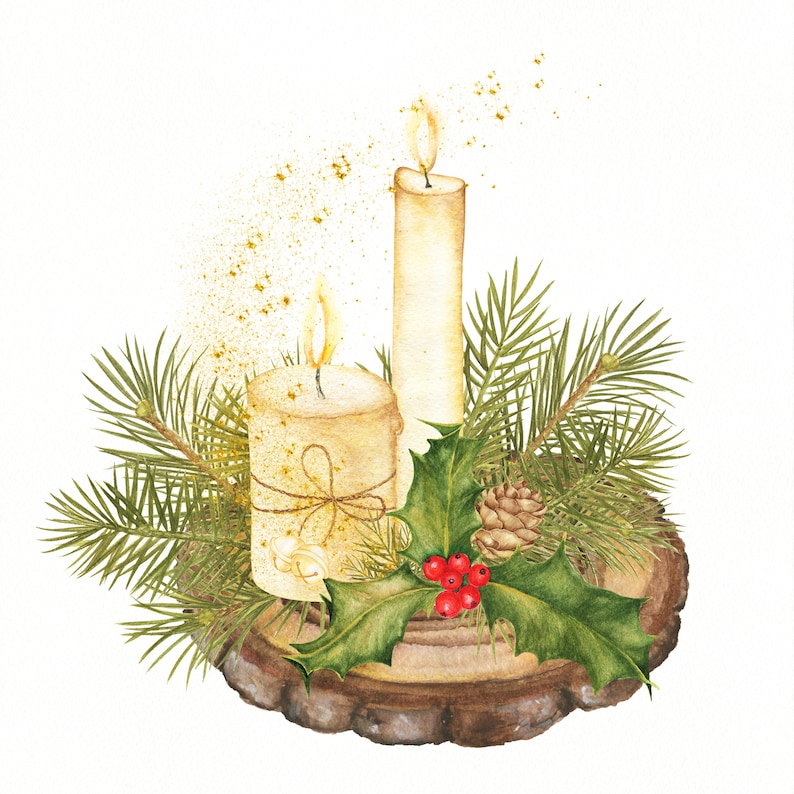 Watercolor Christmas Candles Clipart Merry Christmas Design Holiday Decoration Art Illustration Bells Hand Painted Floral Composition