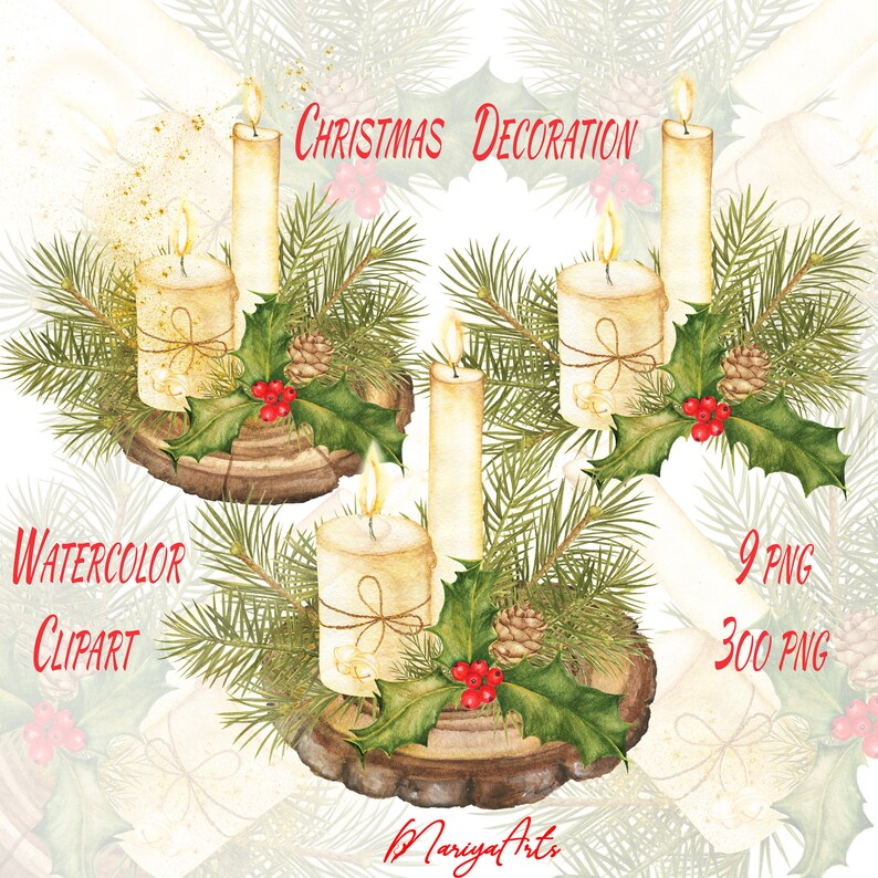 Watercolor Christmas Candles Clipart Merry Christmas Design Holiday Decoration Art Illustration Bells Hand Painted Floral Composition