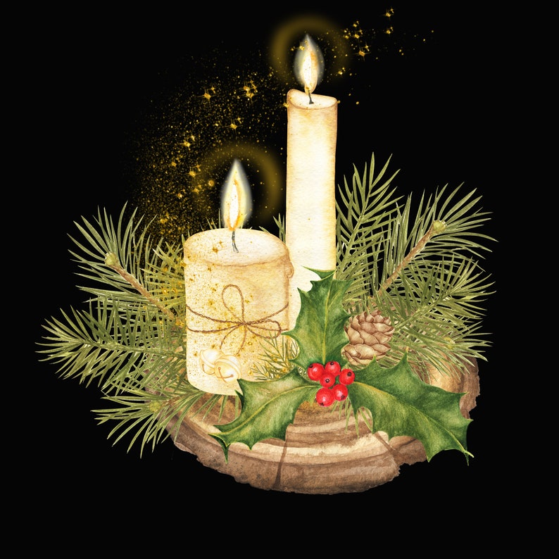 Watercolor Christmas Candles Clipart Merry Christmas Design Holiday Decoration Art Illustration Bells Hand Painted Floral Composition