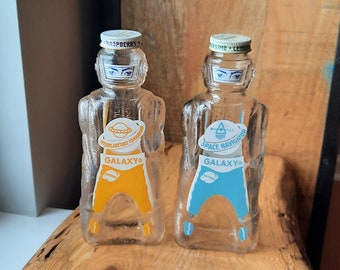 Astronaut Space Warrior Galaxy Glass Syrup Bottles Vintage Spaceman Glass Bank Yellow Interplanetary Commander New Old Stock