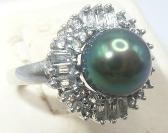 Vintage Sterling Schwarz Süßwasser Perle Weißer Topas Ring von D/M
