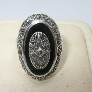 Vintage Sterling Marcasite Black Onyx Ring