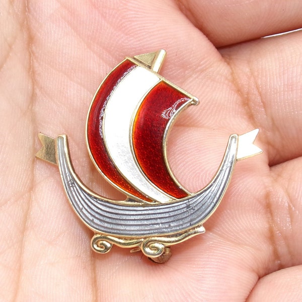 Vintage Sterling Vermeil Sailboat Enamel Brooch by Aksel Holmsen Norway