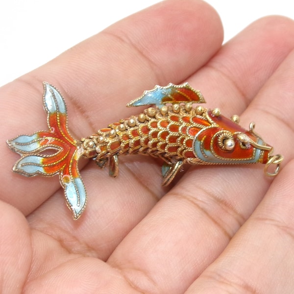 Vintage Sterling Vermeil Enamel Articulated Koi Fish Pendant