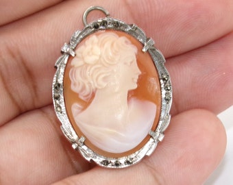 Vintage 800 Coin Silver Marcasite Shell Cameo Pendant Brooch