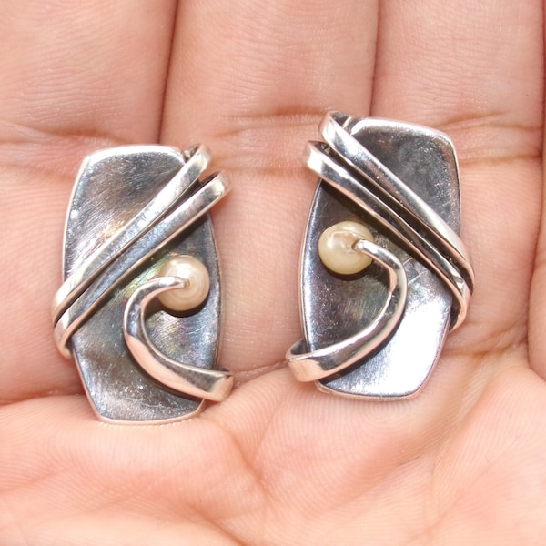 Vintage Sterling Pearl Clip On Earrings by Miguel Melendez Taxco