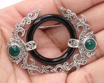 Broche vintage de plata esterlina, ónix y marcasita, estilo Art Déco