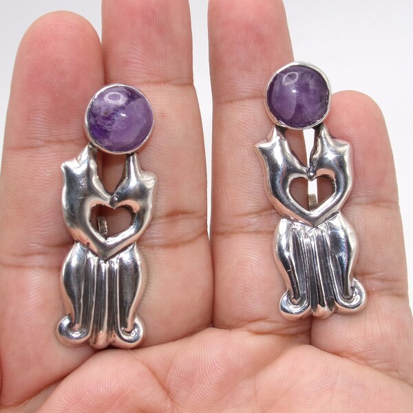 Mid Century Sterling Amethyst Screw Back Earrings by Farfan