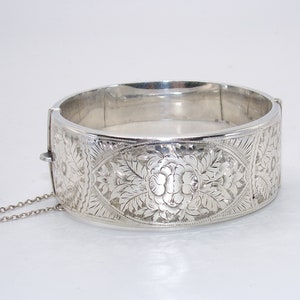 Antique Sterling Chased Hinged Wide Bangle by S&P