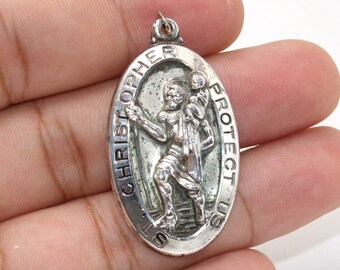 Ancienne Médaille Religieuse Pendentif En Argent Massif 925 - Saint Christophe, Style Vintage