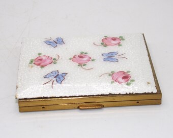 Compact vintage en métal et émail - Roses et papillons