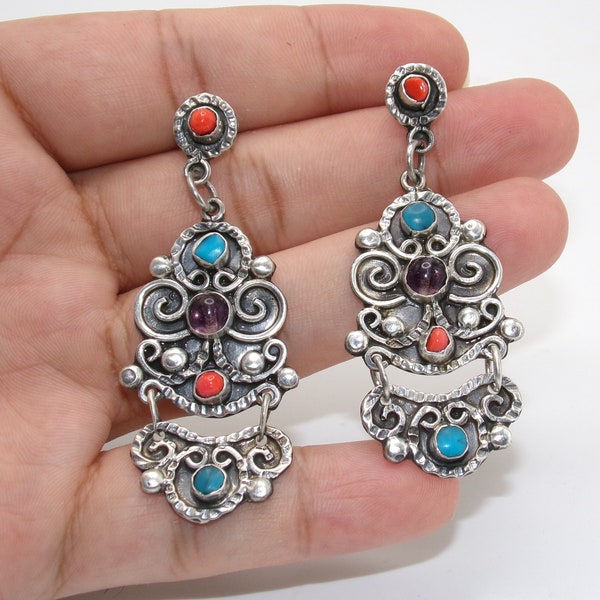 Vintage Sterling Turquoise Coral Amethyst Chandelier Earrings - Mexico