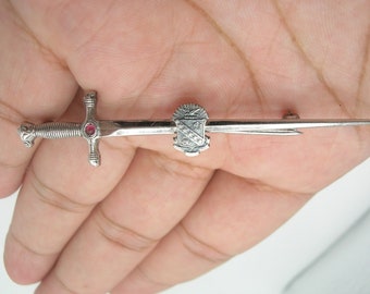 Vintage Sterling Silver Sword Brooch Faux Ruby