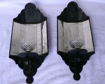 Vintage Black Metal and Mirror Sconce Pair by Home Interiors and Gifts (Homco)