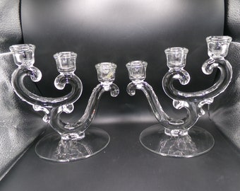 Vintage Pair of Fostoria Three Light Glass Candelabras
