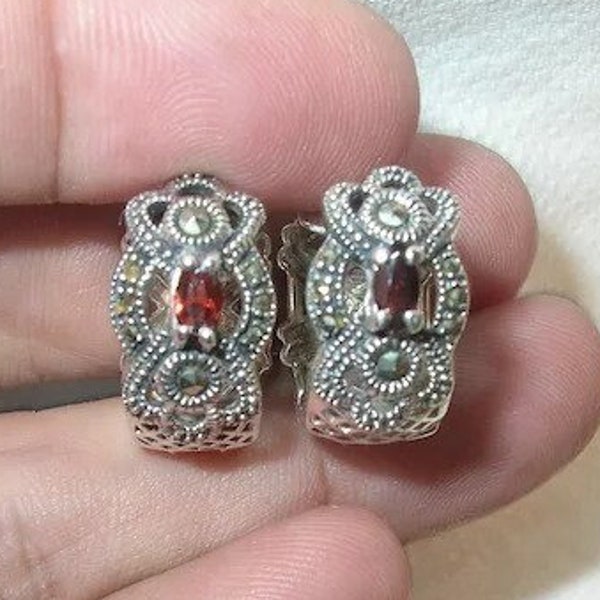 Vintage Sterling Garnet Marcasite Hoop Earrings