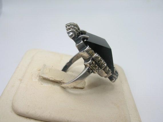 Art Deco Sterling Black Onyx Marcasite Ring - image 2