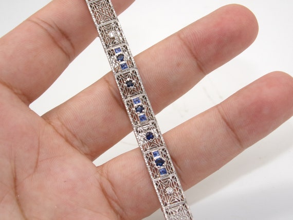 Art Deco 14K White Gold Diamond Sapphire Filigree… - image 9