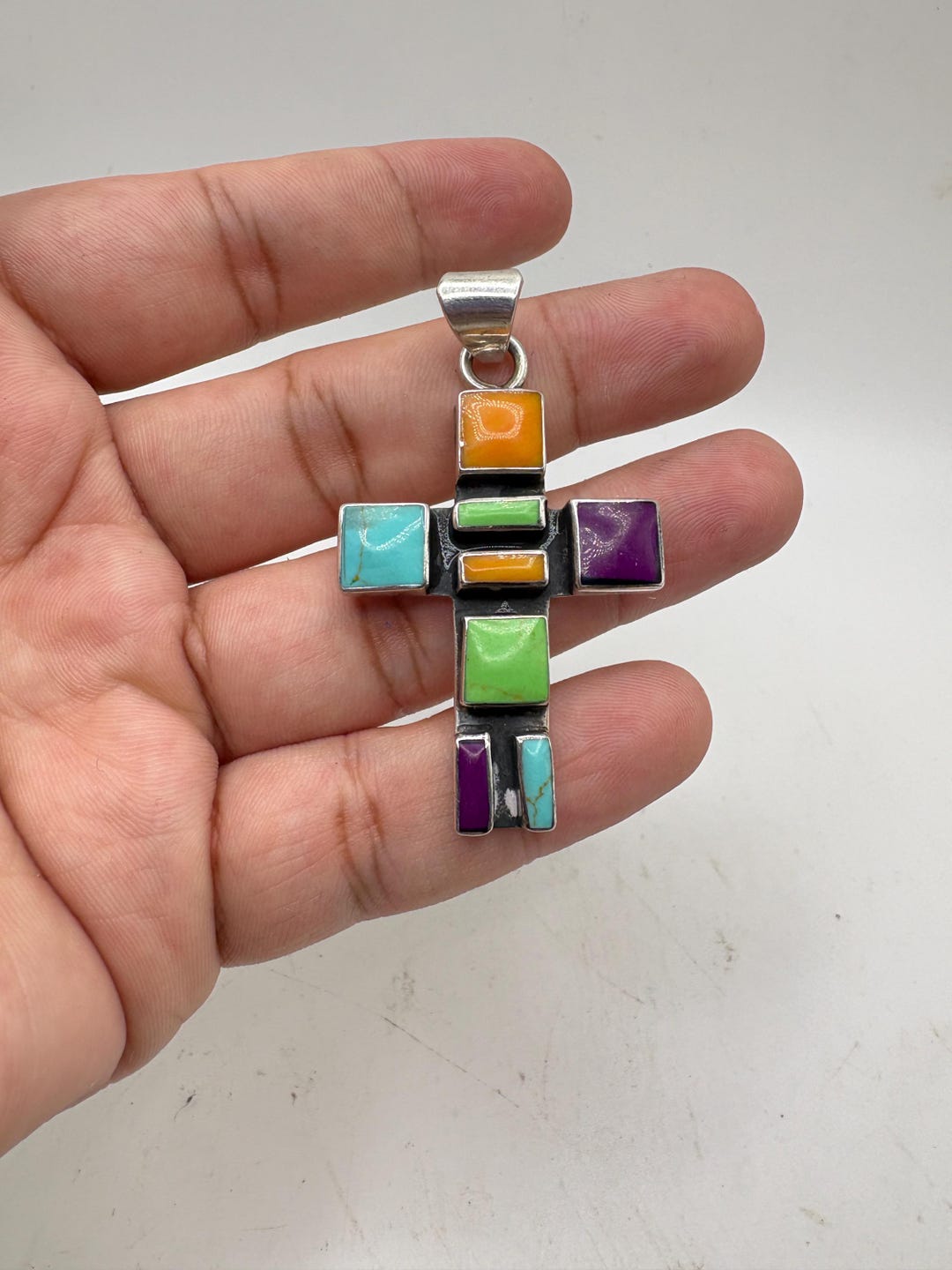 Vintage Sterling Silver Cross Pendant With Multi Semi-precious Stones ...