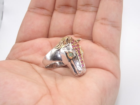 Vintage Sterling Vermeil Ruby Emerald Horse Ring - image 1