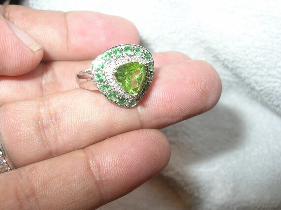 Vintage Sterling Diamond and Green Garnet Ring - image 2