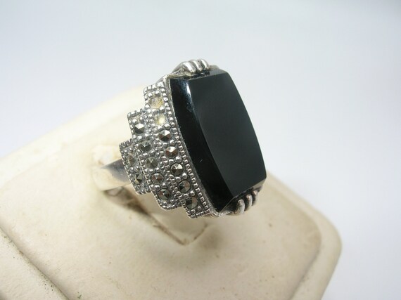 Art Deco Sterling Black Onyx Marcasite Ring - image 4