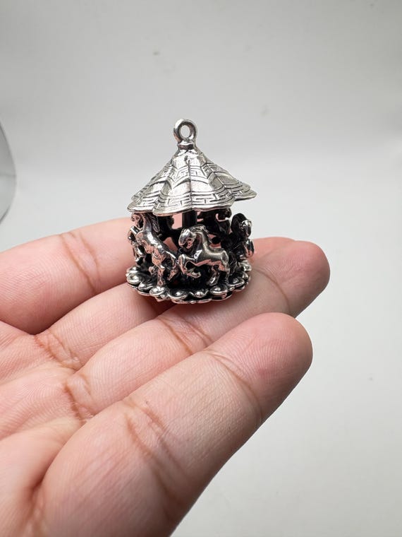 Vintage Sterling Silver Carousel Pendant by Jewelart — Spinning Merry-Go-Round Charm