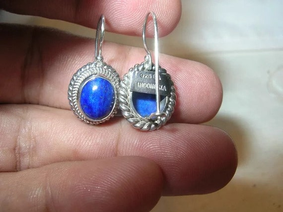 Vintage Sterling Drop Earrings Blue Cabochon - image 3