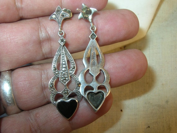 Vintage Sterling Silver Marcasite Heart Drop Earrings by Silver