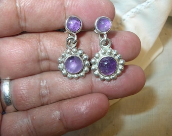 Pendientes colgantes vintage de plata esterlina de Taxco con amatista