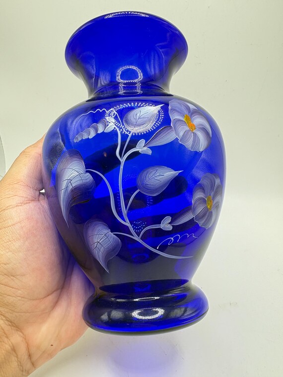 Vintage Fenton Cobalt Blue Hand Painted Vase – Signed “handpainted
