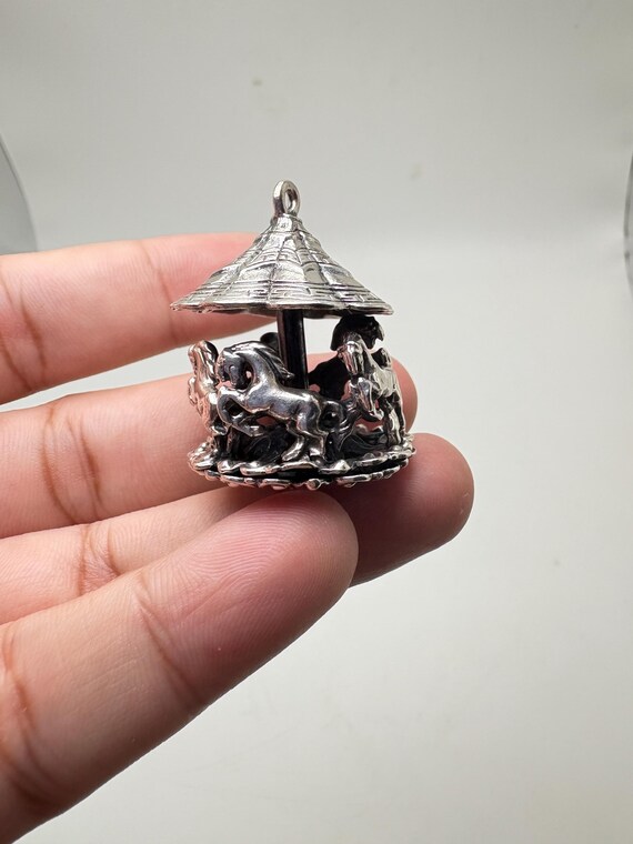 Vintage Sterling Silver Carousel Pendant by Jewelart — Spinning Merry-Go-Round Charm View 6