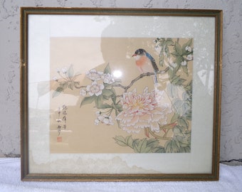 Arte oriental vintage pintado a mano, firmado y sellado: pájaro y flores