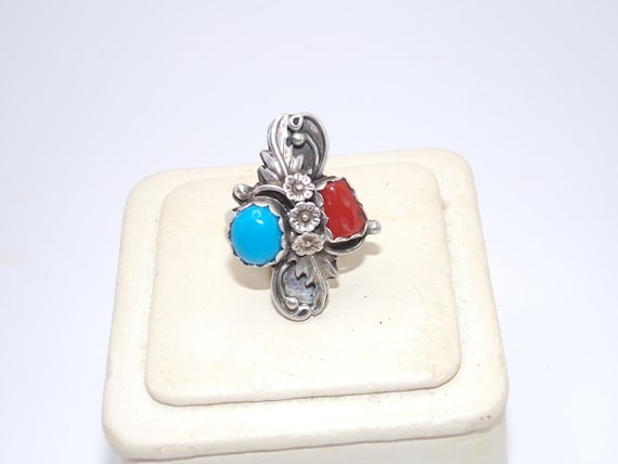 Vintage Sterling Turquoise Coral Native American … - image 1