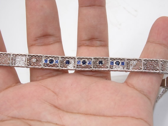 Art Deco 14K White Gold Diamond Sapphire Filigree… - image 7