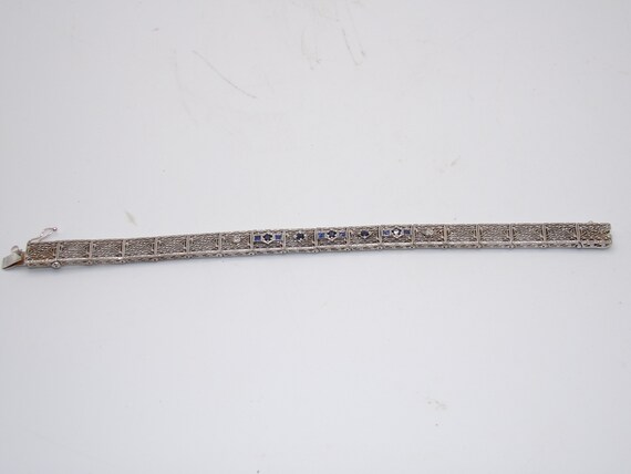 Art Deco 14K White Gold Diamond Sapphire Filigree… - image 5
