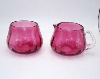 Vintage Cranberry Hand Blown Glass Cream & Sugar Bowls