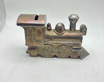 Hucha vintage plateada con forma de tren, hucha decorativa con forma de locomotora.