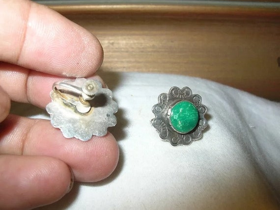 Vintage Sterling Earrings Green Stone - image 2