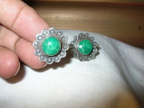 Vintage Sterling Earrings Green Stone - image 3