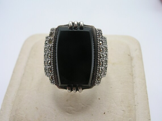 Art Deco Sterling Black Onyx Marcasite Ring - image 5