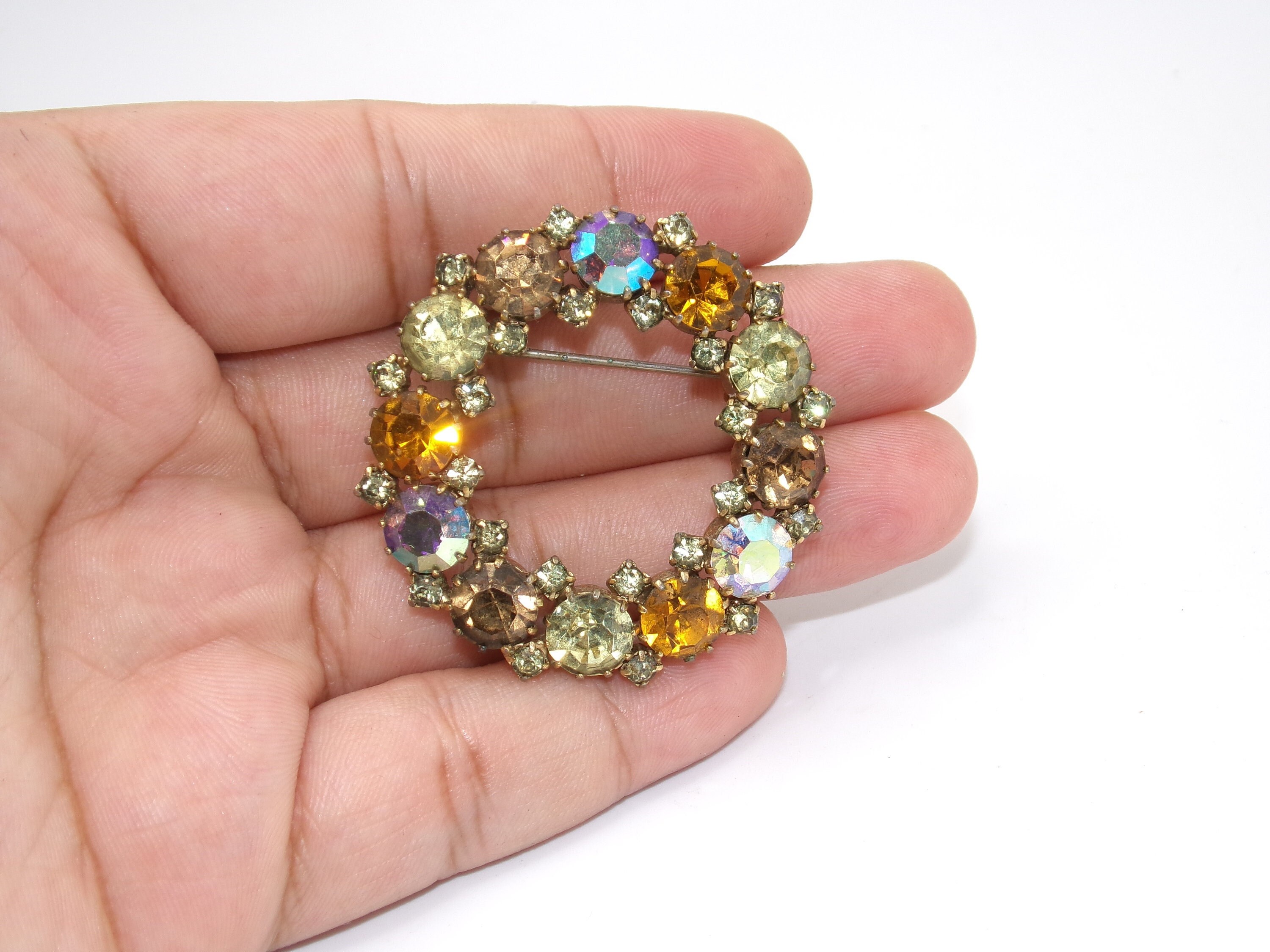 Vintage Karu Arke Style Autumn Rhinestone Wreath Brooch Topaz AB 1.75\