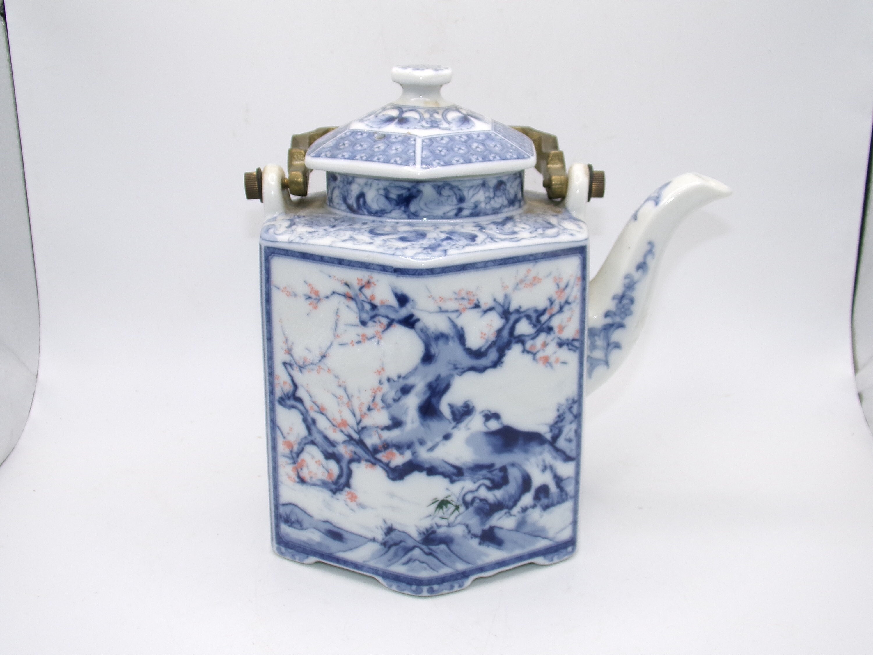 Vintage Dolphin China Dynasty Blue Hexagonal Porcelain Teapot With