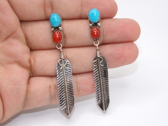 Vintage Sterling Native American Turquoise Coral … - image 1