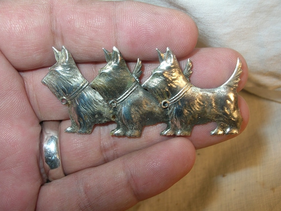 Vintage Sterling 3 Scottish Terrier Brooch - image 1