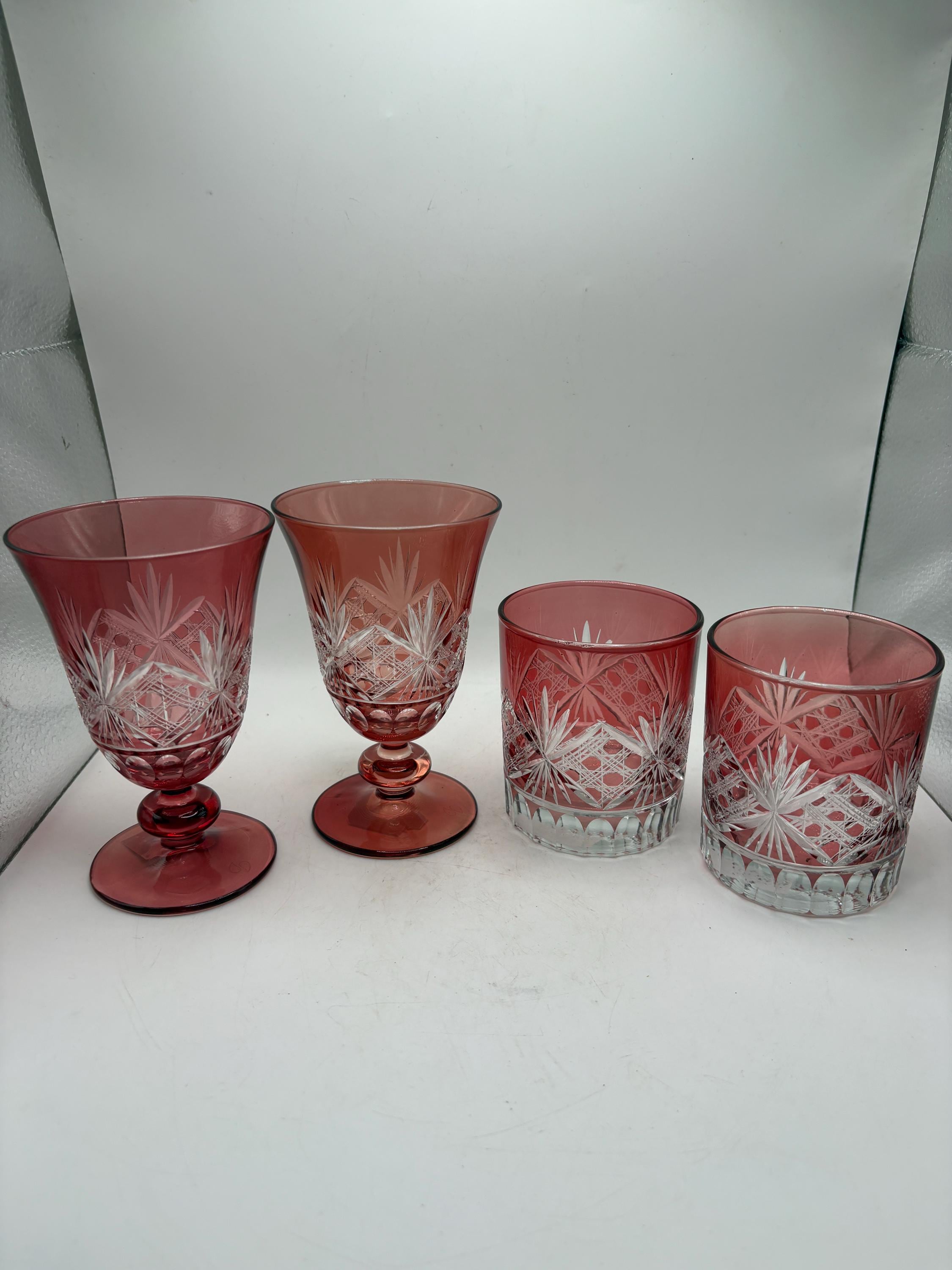 Vintage Bohemian Cranberry Cut-to-clear Crystal Wine and Whiskey