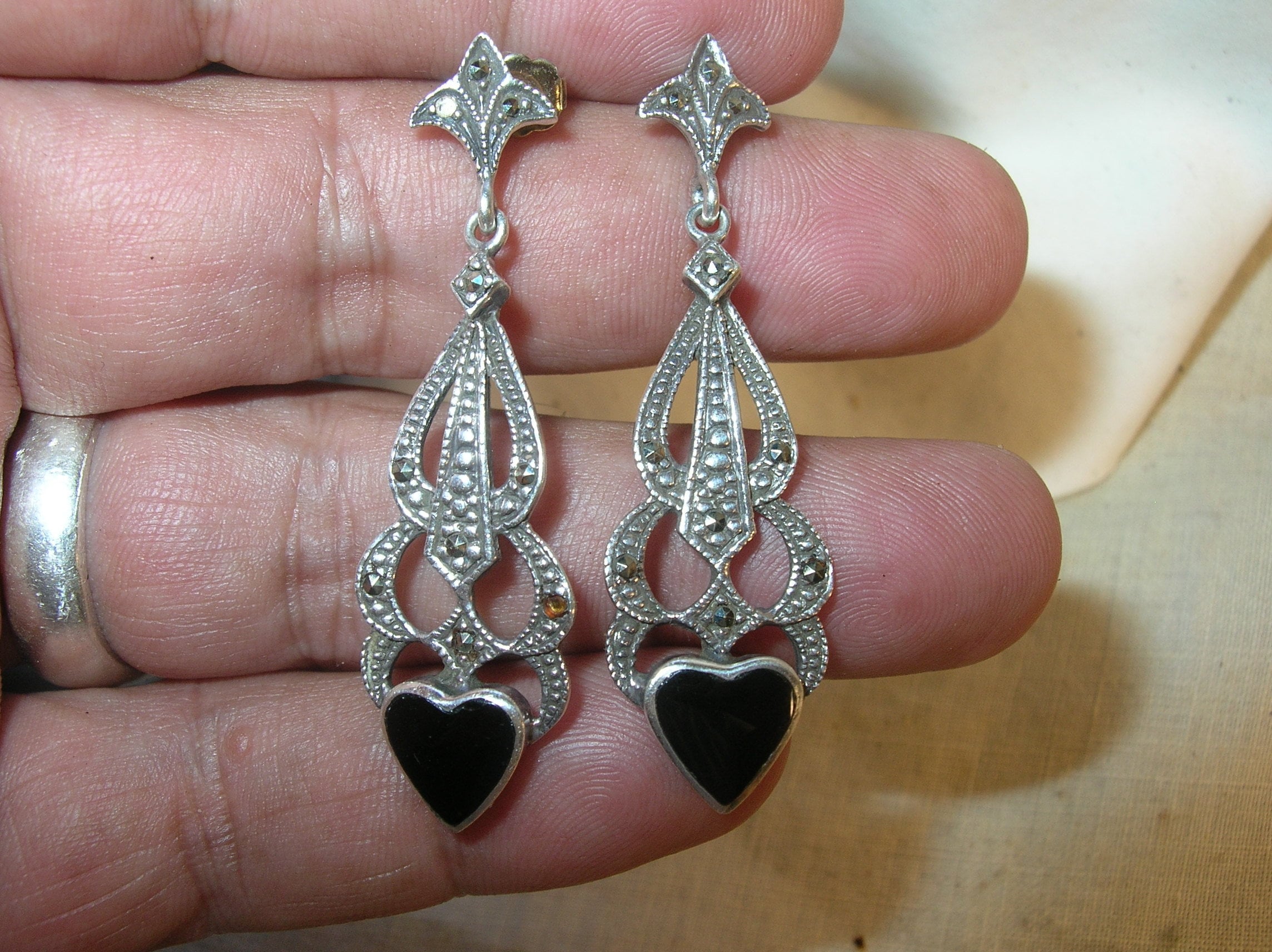 Vintage Sterling Silver Marcasite Heart Drop Earrings by Silver Unlimited