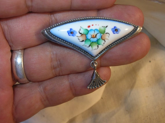 Antique Sterling Brooch Hand Painted - image 1