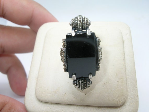 Art Deco Sterling Black Onyx Marcasite Ring - image 1