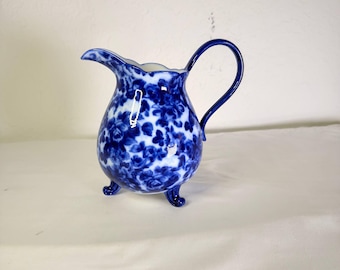 Vintage Cobalt Blue & White Porcelain Pitcher – Hand-Painted Floral Design – Three Footed – 1970s